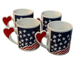 Set of 4 Vintage Love Mugs Patriotic Heart Handle Coffee Cups Red White & Blue
